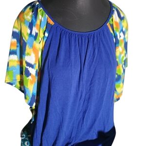 Vibrant Blue Women's Top with Multicolor Sleeves